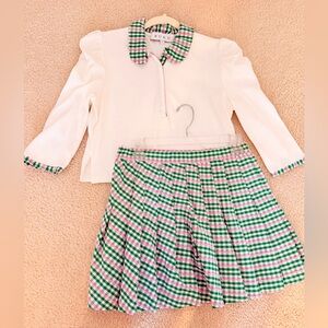 BURU puff-sleeve Top with matching Pink & Green Pleated Skirt